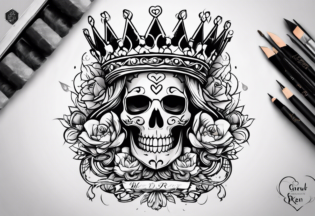 Corona de rey puesta en un corazón
Esqueletos pairaras y hadas tatuajes brazo completo tattoo idea