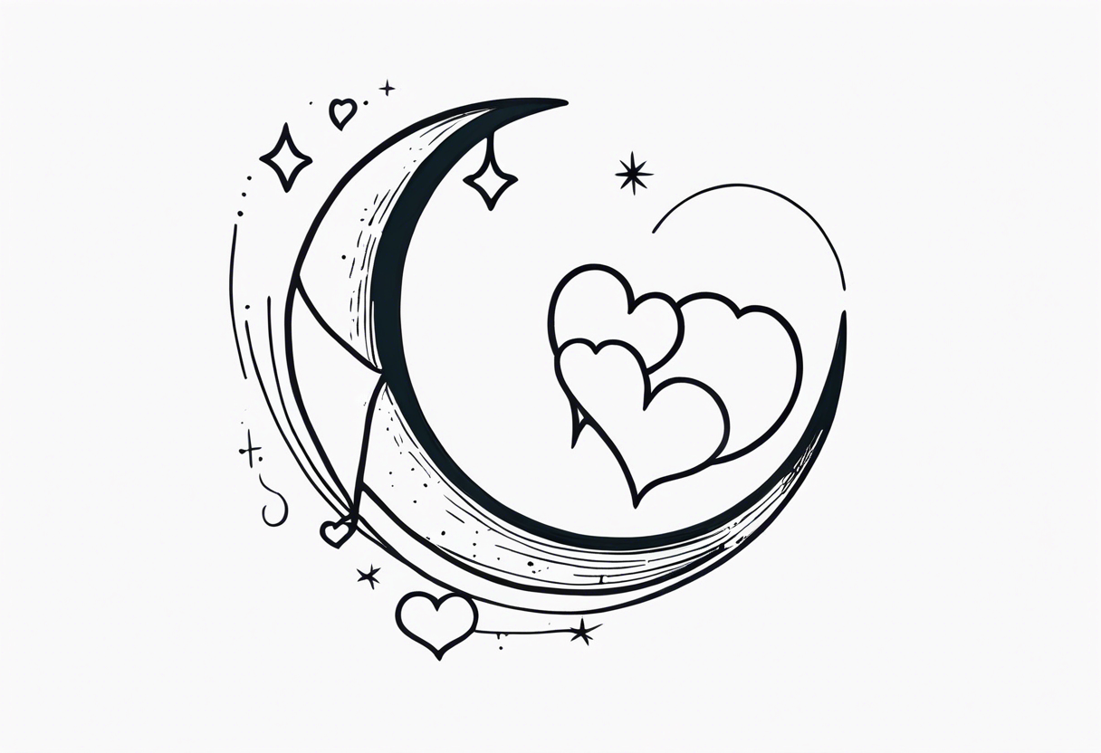 Crescent moon with a love heart inside it and 4 hearts dangling from it tattoo idea