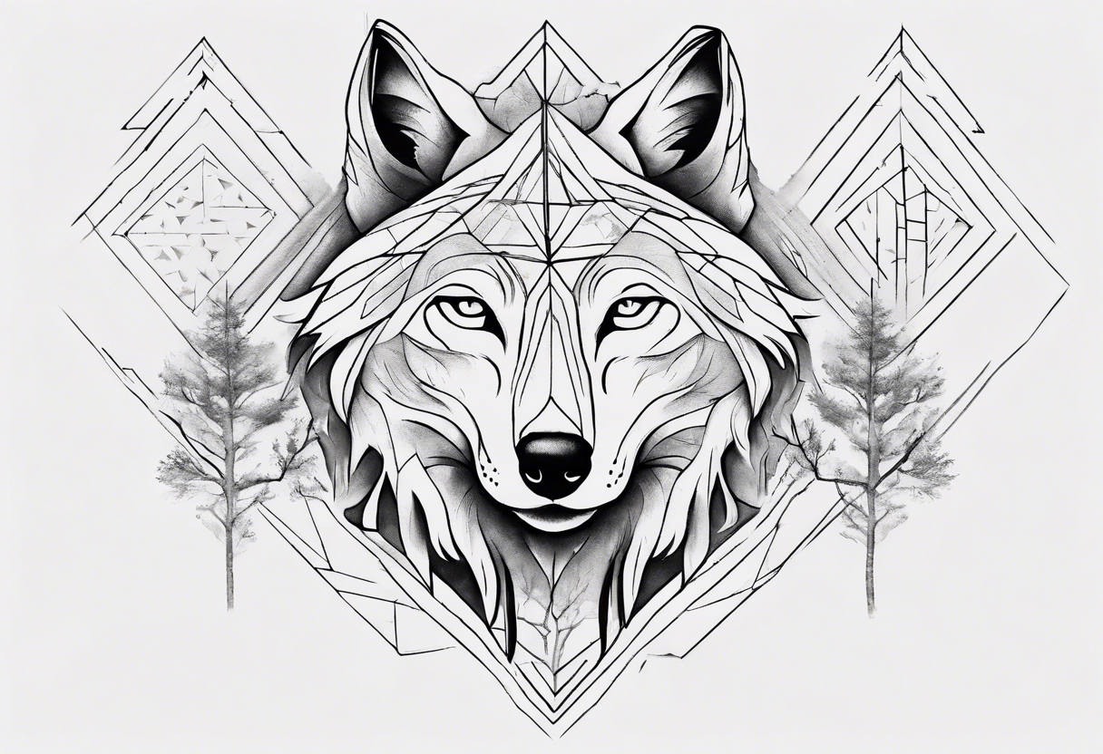 Wolf's face with geometric patterns flowing from it along with impressions of trees, a forest. It should be shaped to fit on a forearm tattoo idea