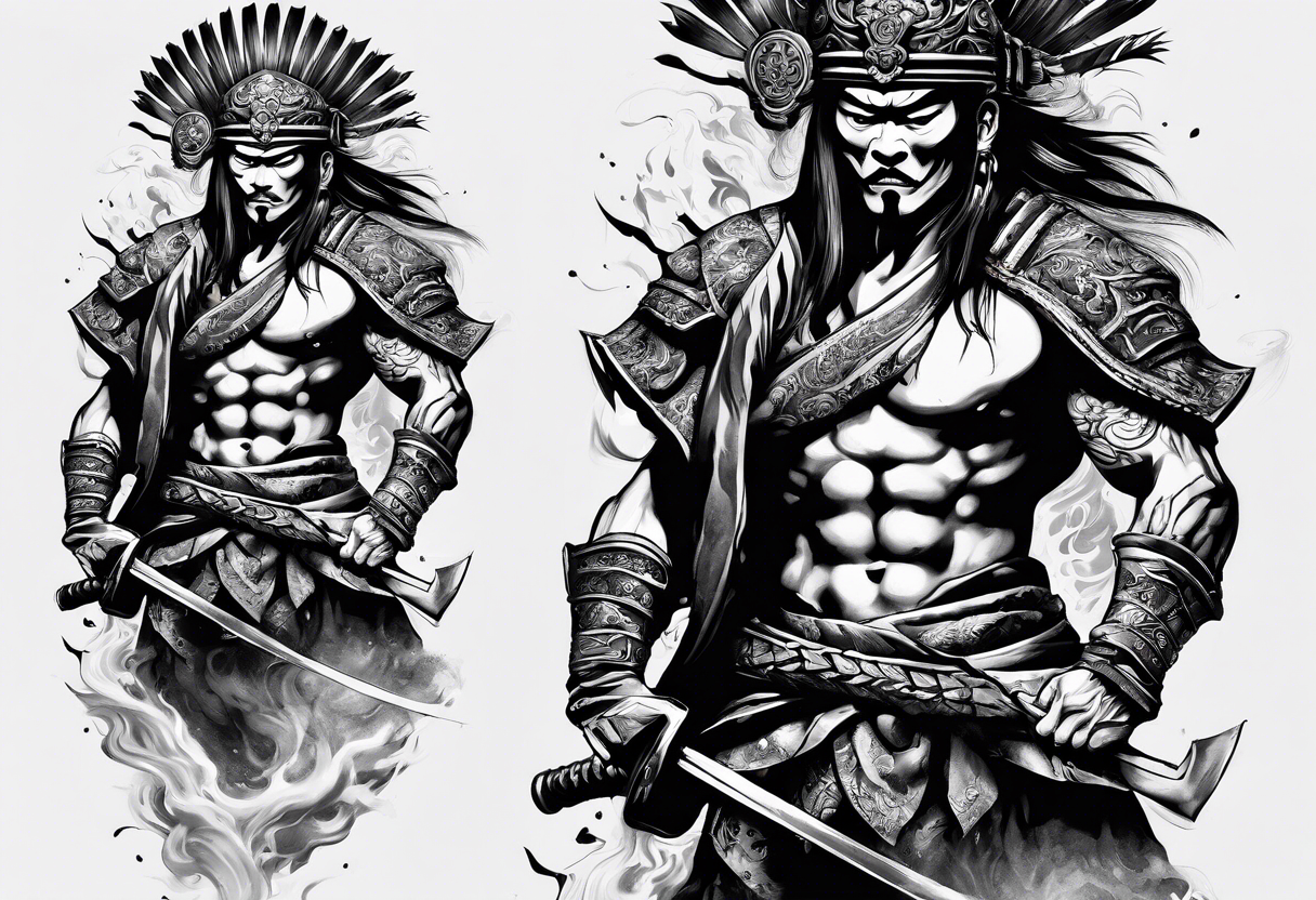 A fiery badass Asian warrior who is also a skeleton in the heat of battle tattoo idea