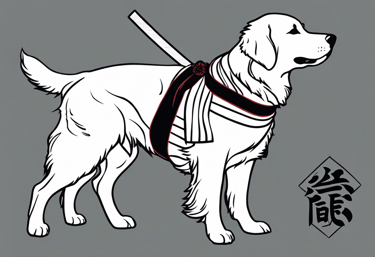 a golden retriever in a kimono full body view wearing a black karate belt tattoo idea