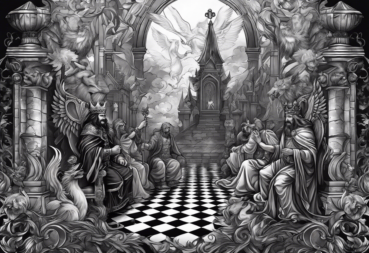 Illustrate a powerful scene where the angelic king checkmates the demonic king, symbolizing the triumph of good over evil in the strategic game of life. tattoo idea