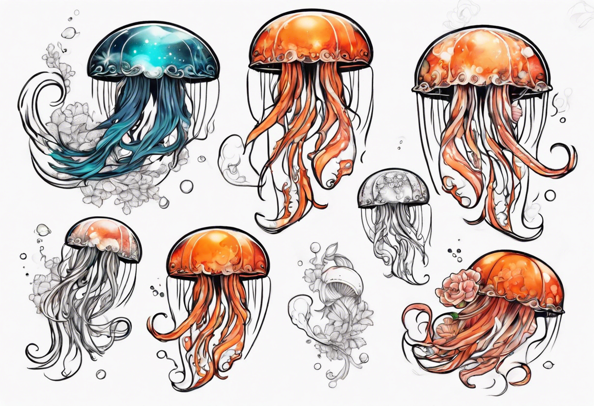 1 jellyfish with the moon in the lid. Then with mini koi carp and jellyfish swimming amongst the tentacles tattoo idea