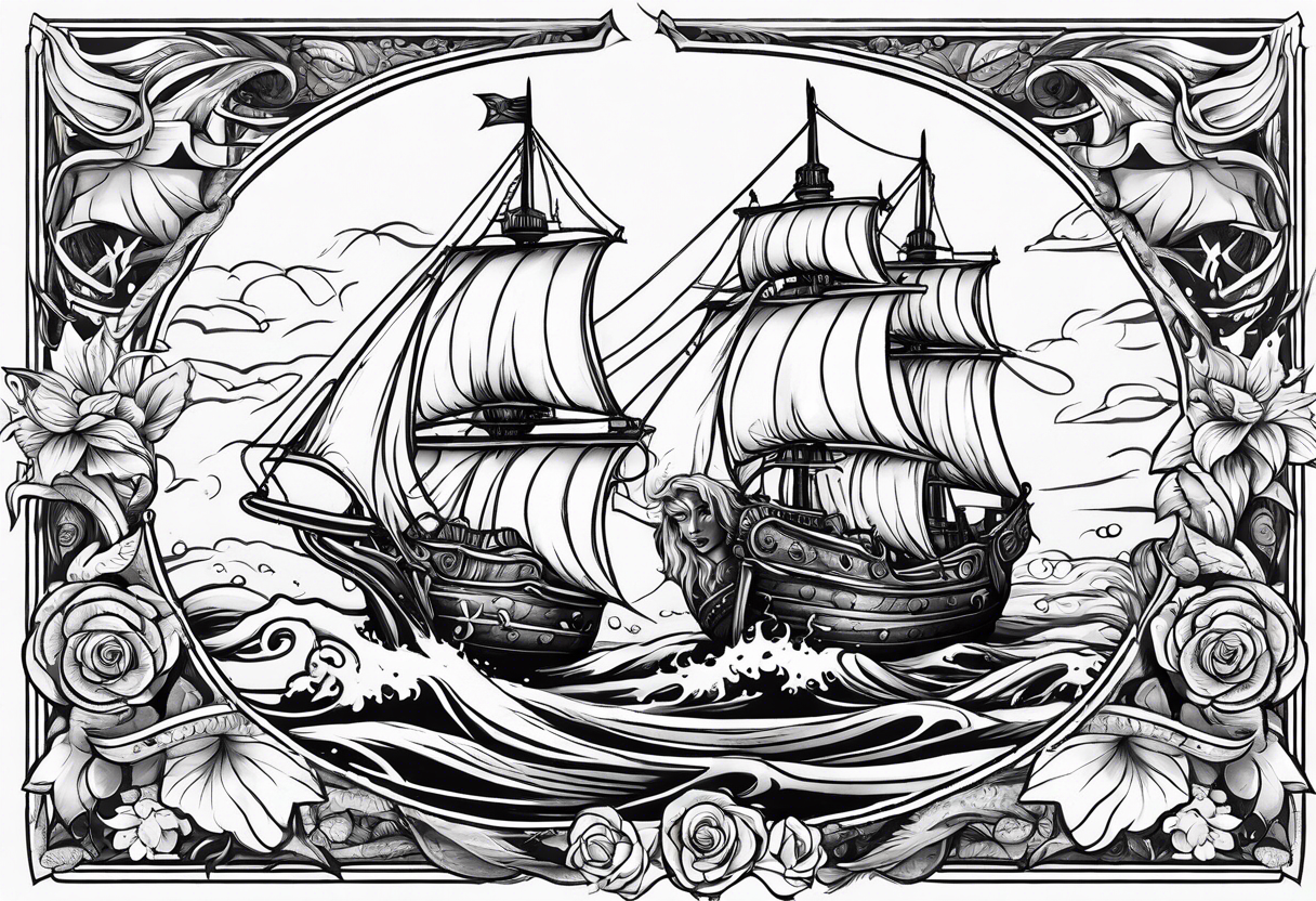 mermaid with galleon ship tattoo idea