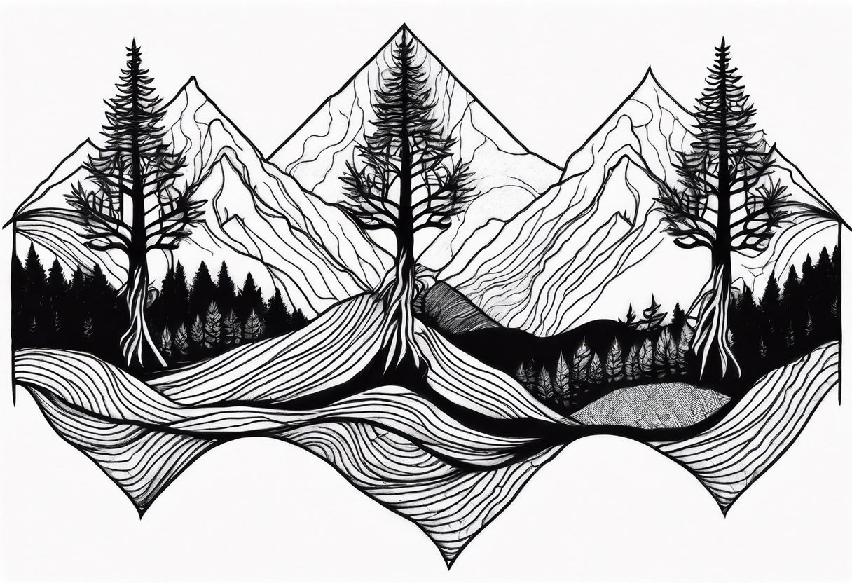 Three mountains three trees with roots tattoo idea