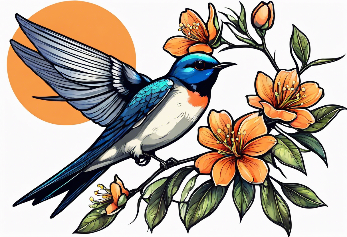 swallow sitting on an orange blossom branch with its wings open tattoo idea