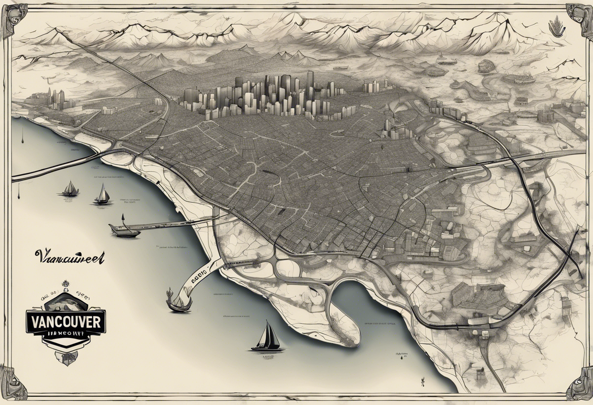 A overview old school map of vancouver B.C with water drop staining and major roadways highlighted with honeycomb tattoo idea