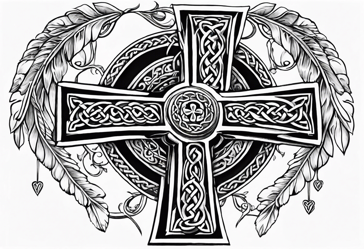 Celtic cross, shamrock in center of cross, one Indian feather hanging from each side arm of cross tattoo idea