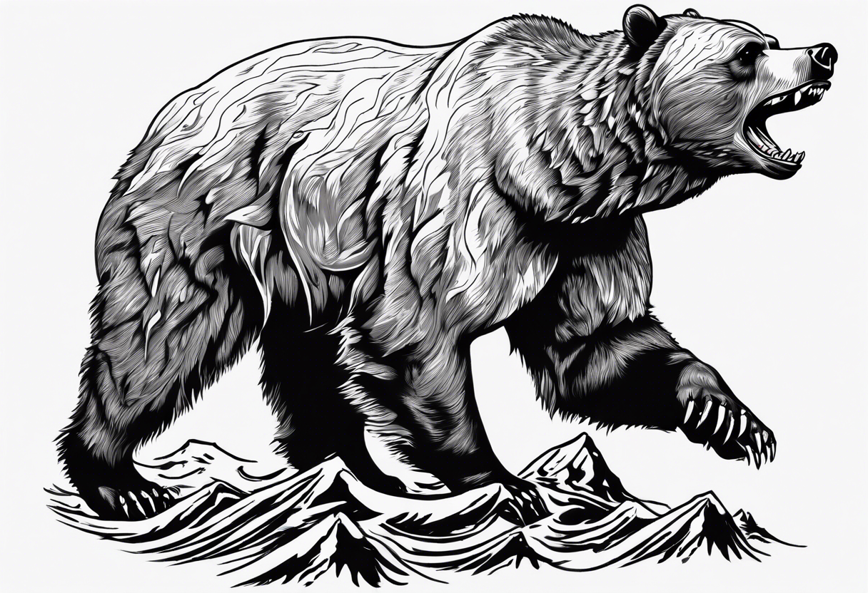 A transparent growling grizzly bear standing on hind legs and inside the bear a realistic depiction of the triglav mountain in slovenia and under the sea pounding the mountain. All inside the bear tattoo idea