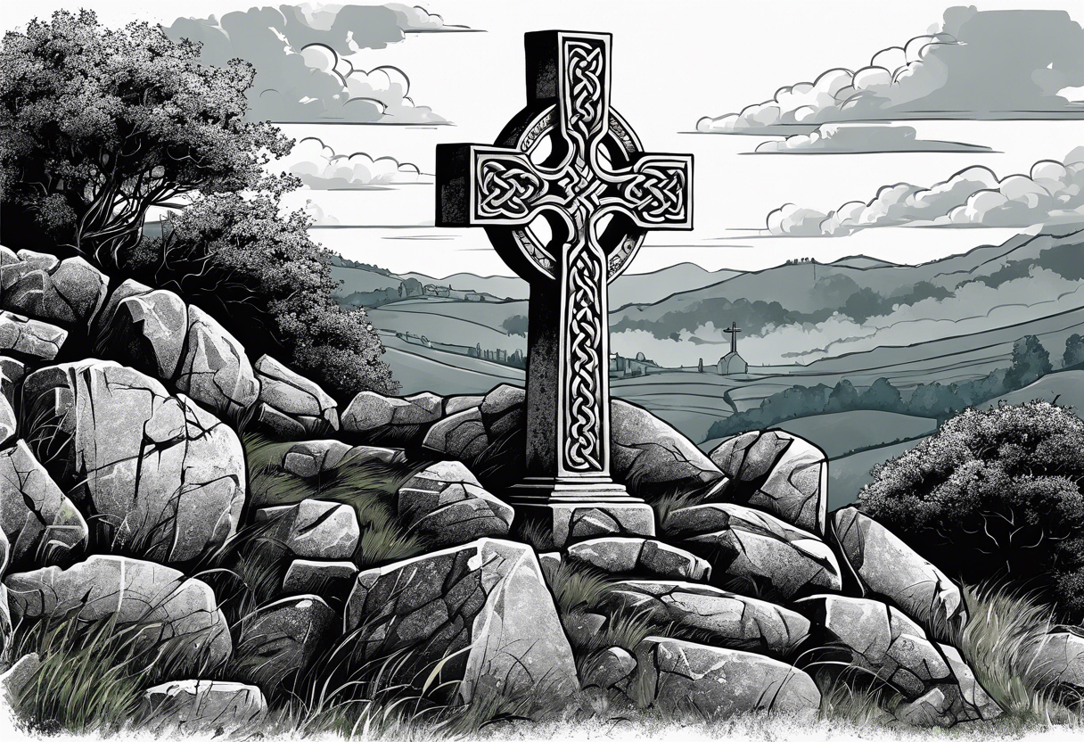 A stone Celtic cross standing solemnly atop a hill. A ruined stone wall lies crumbling near the cross tattoo idea