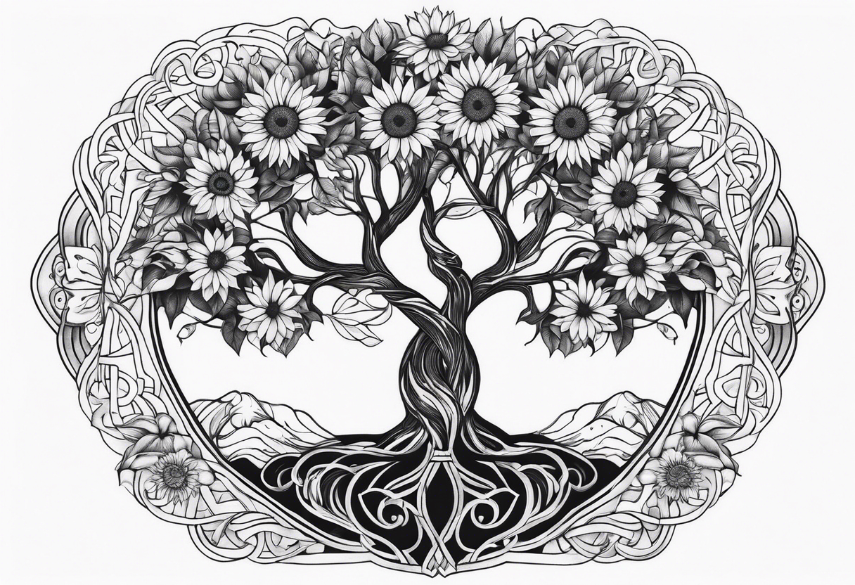 Feminine Yggdrasil tree with two sunflowers tattoo idea