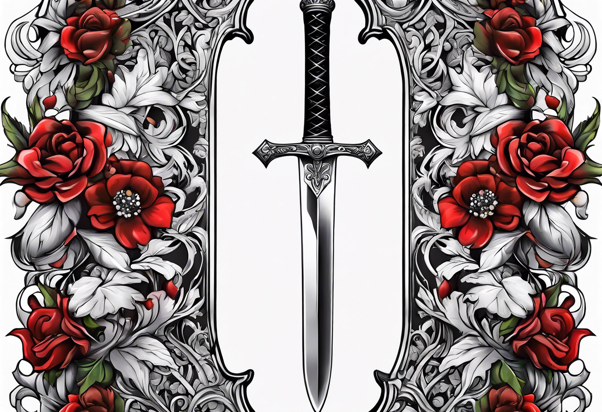 bloody sword with flowers tattoo idea