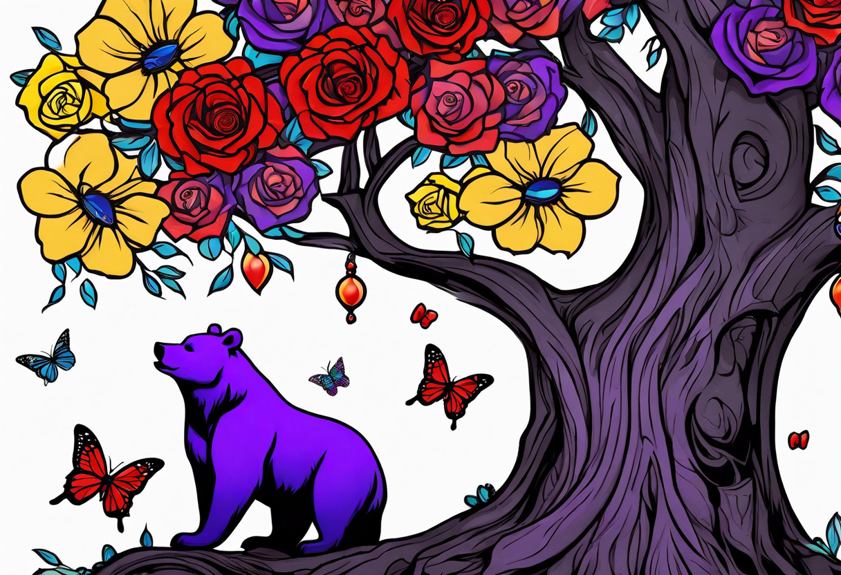 Bear under the tree of life with yellow, purple, and red colored roses and three butterflies for an upper arm tattoo. tattoo idea