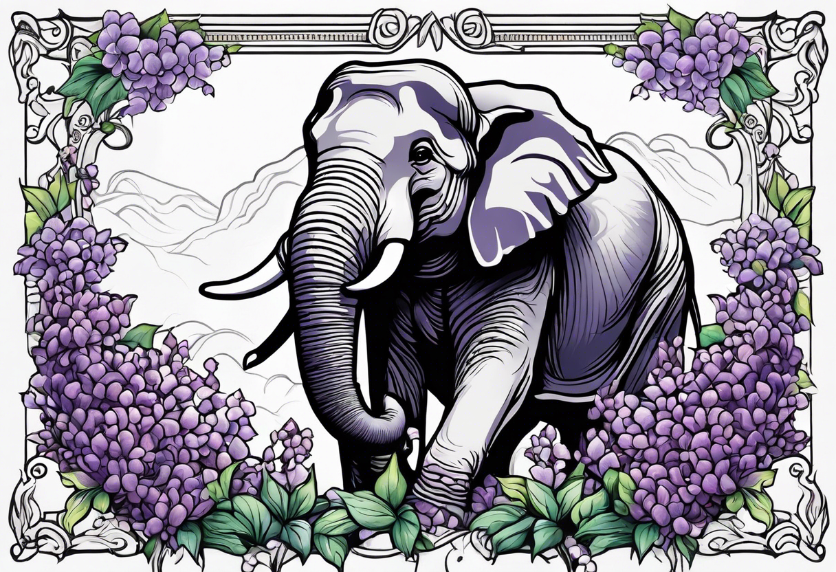 Seated elephant with raised trunk holding lilacs tattoo idea