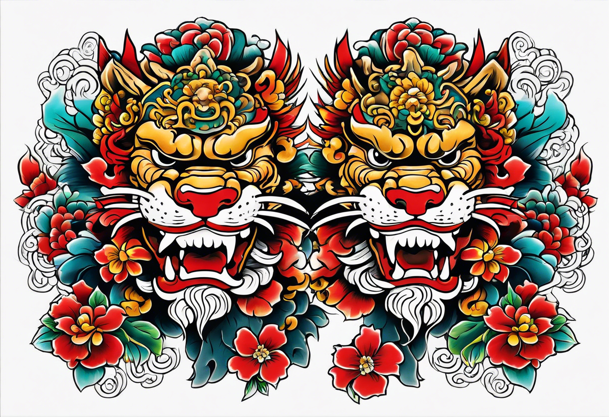 Pair of Okinawa shisa on chest. 1980s Yakuza style tattoo idea