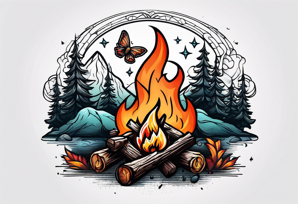 Campfire with small Moth flying above tattoo idea