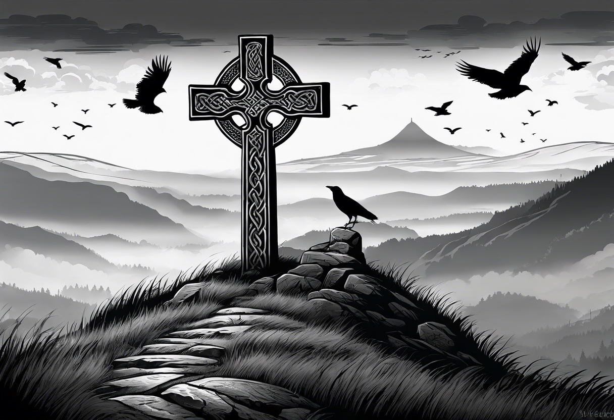 A stone Celtic cross solemnly standing atop a hill, a flock of ravens flies by in the distance. Mist rolls along the hilltops adding to the melancholic nature of the scene tattoo idea