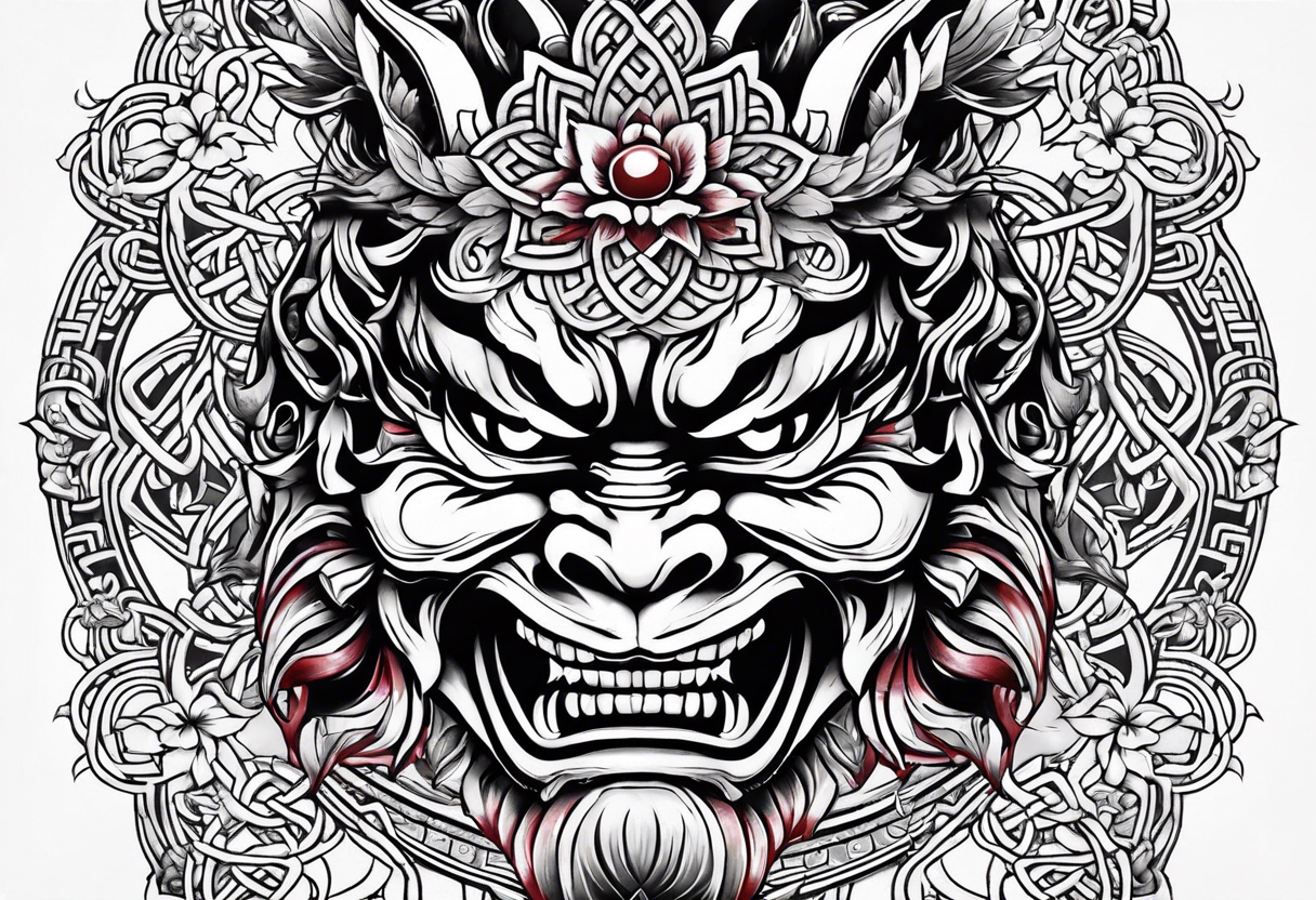 Oni mask with a cherry blossom background in a Celtic style tattoo idea
