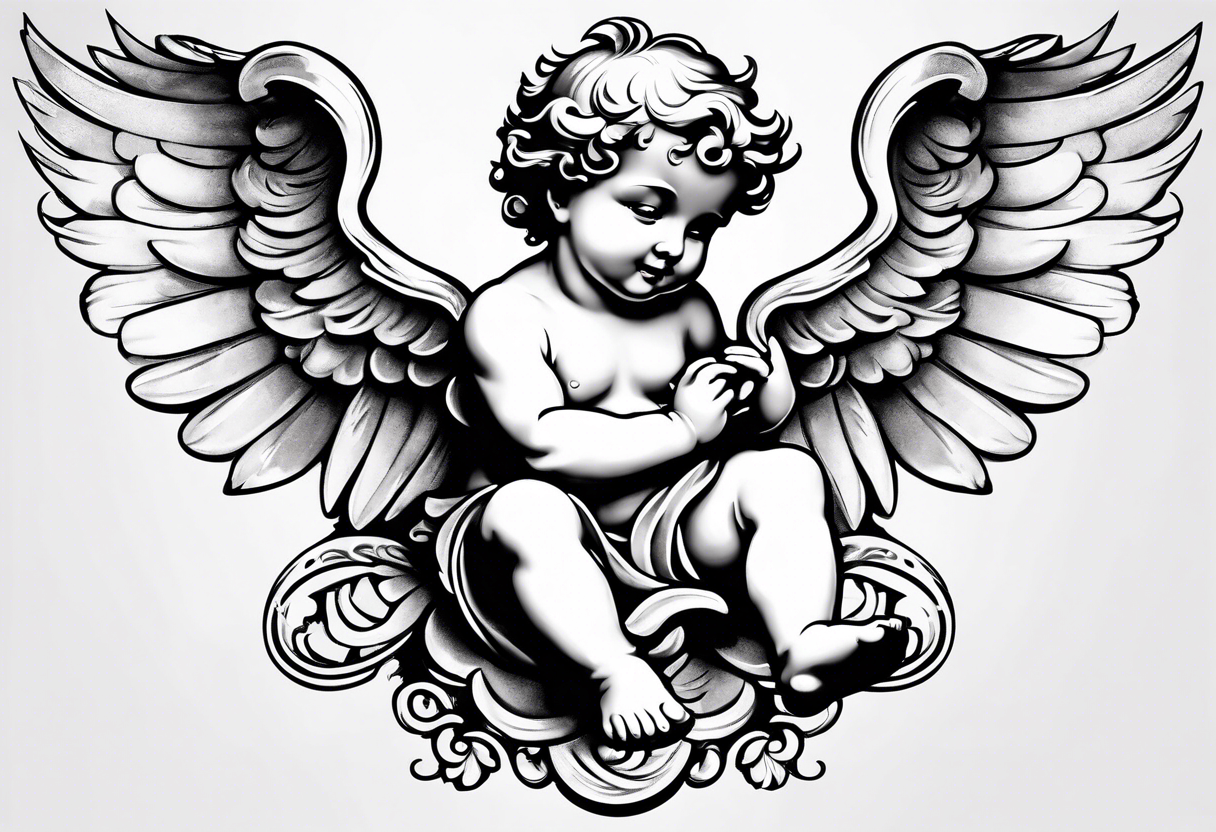 one putti with wings smiling vertical tattoo idea