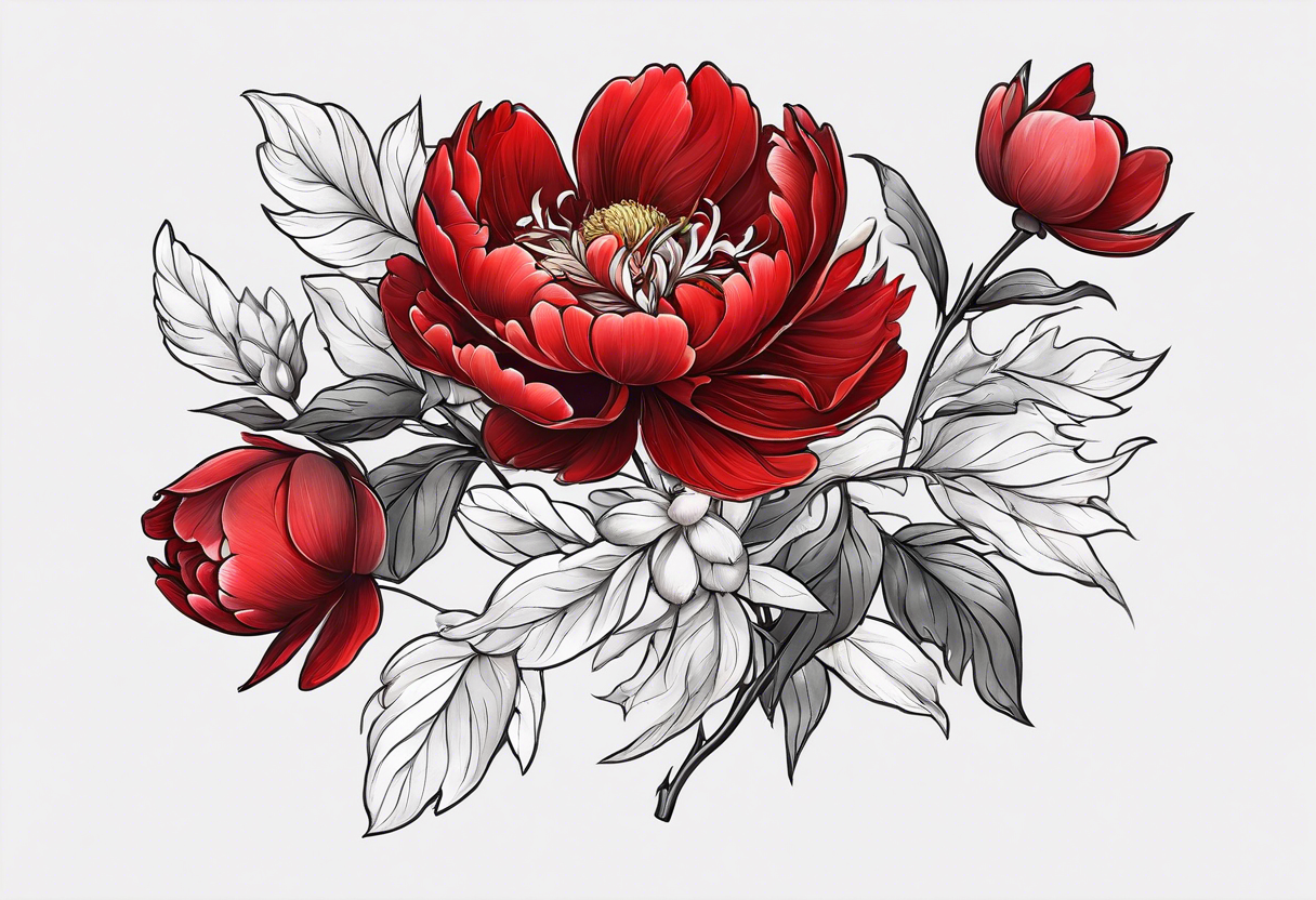 Red peony with floating petals with a tiny rabbit tattoo idea