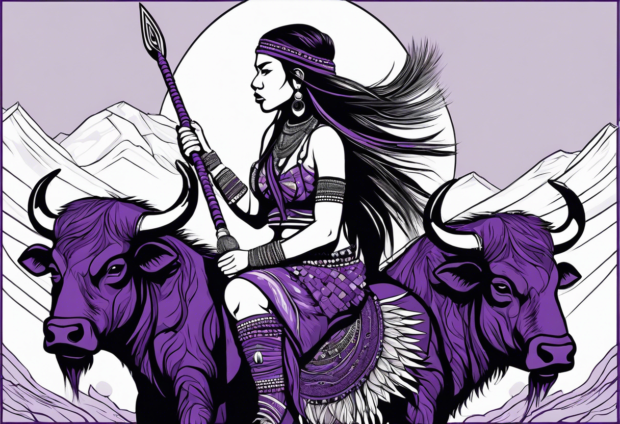 native woman female warrior with quiver on her back. she is wearing bead headband. she is sitting on a purple buffalo, the buffalo is standing up, standing still tattoo idea