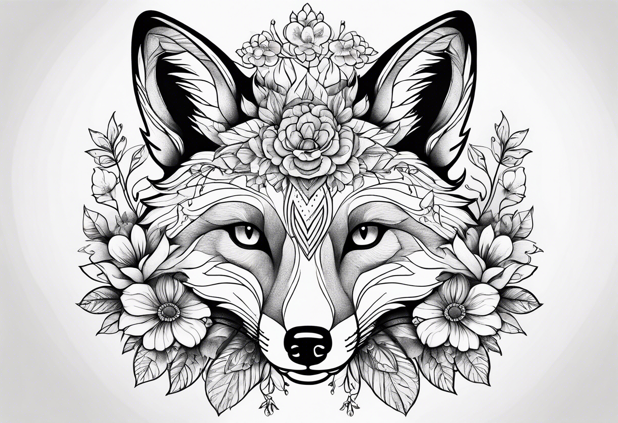 flowers with fox full body thin line tattoo idea