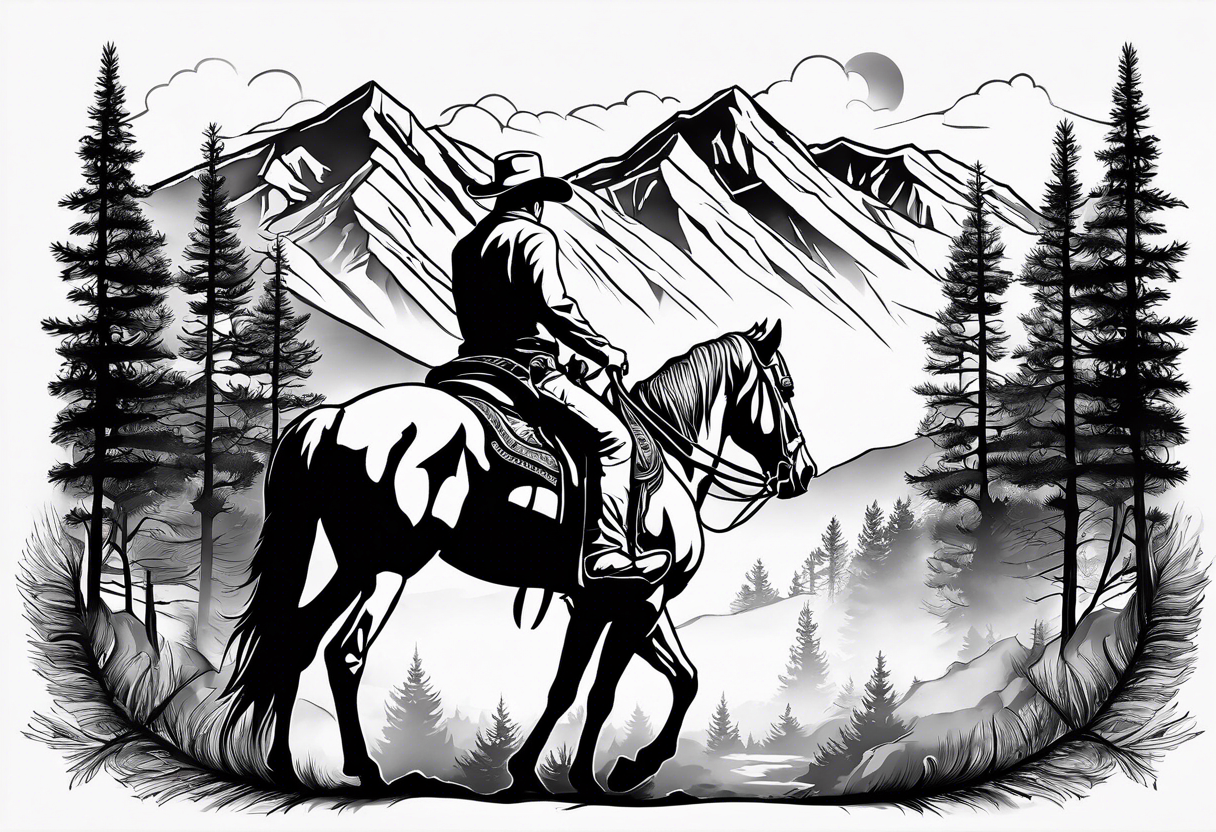 Cowboy with head down riding toward you with mountains aspen and pines tattoo idea