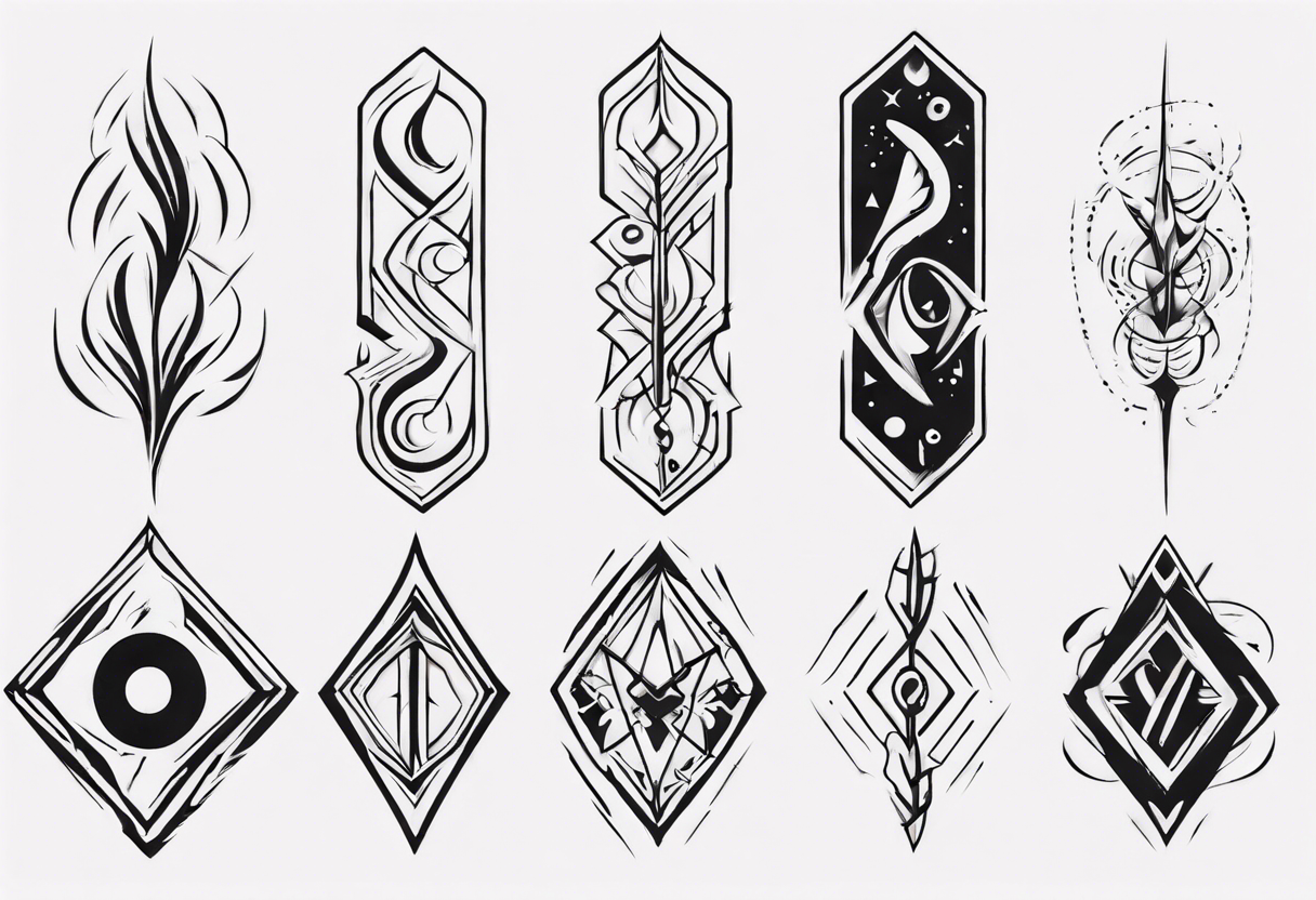 Generate a vertical tattoo design that incorporates abstract shapes and symbols to represent personal growth and evolution, suitable for placement on the back of the forearm tattoo idea