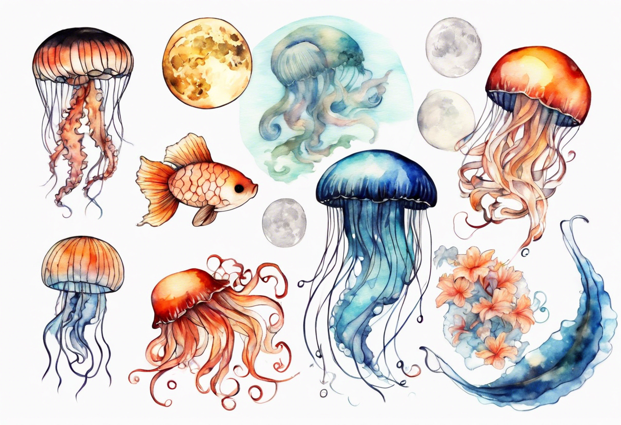 1 jellyfish with the moon in the lid. Then with mini koi carp and jellyfish swimming amongst the tentacles tattoo idea