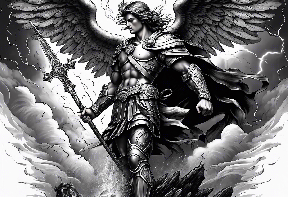 Saint Michael standing on the devil with stormy rain clouds lightning full sleeve tattoo idea