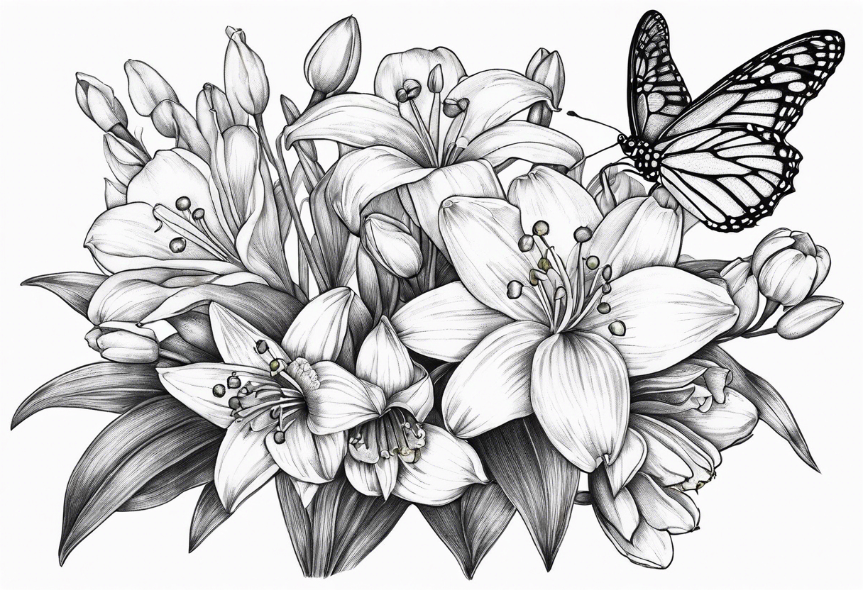 Fine line 
lily of the valley, daisy and daffodil bouquet with butterfly 6-8 inches bi tattoo idea