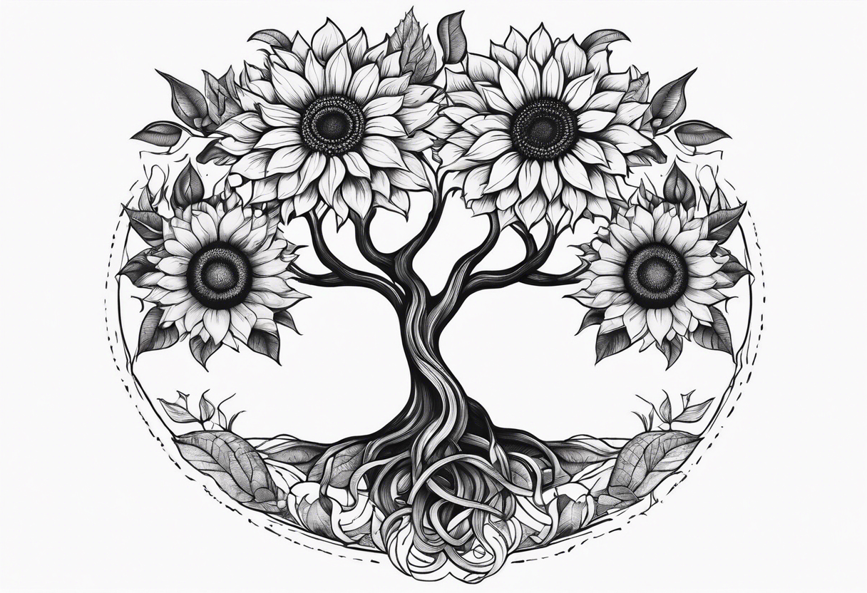 Feminine Yggdrasil tree with two sunflowers tattoo idea