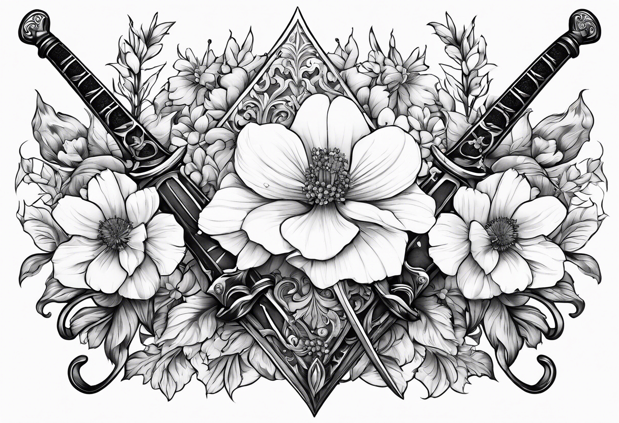 Sword with January, May and June birth flowers wrapped around it. tattoo idea