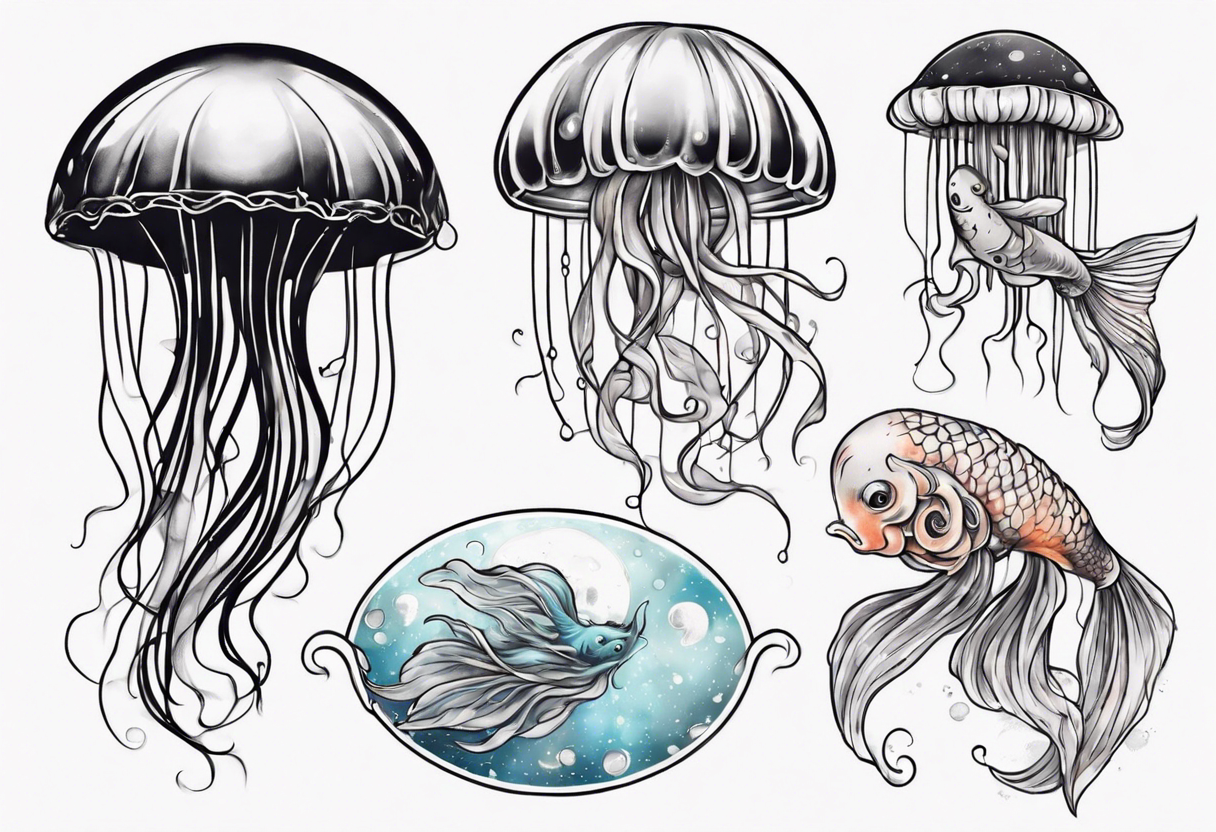 1 jellyfish with the moon in the lid. Then with mini koi carp and jellyfish swimming amongst the tentacles tattoo idea