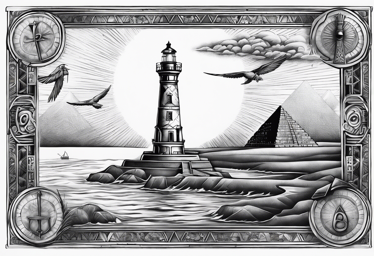 Lighthouse of Alexandria with Ankh and Eye of Ra hovering above it, pyramids and obelisk in background, tattoo idea