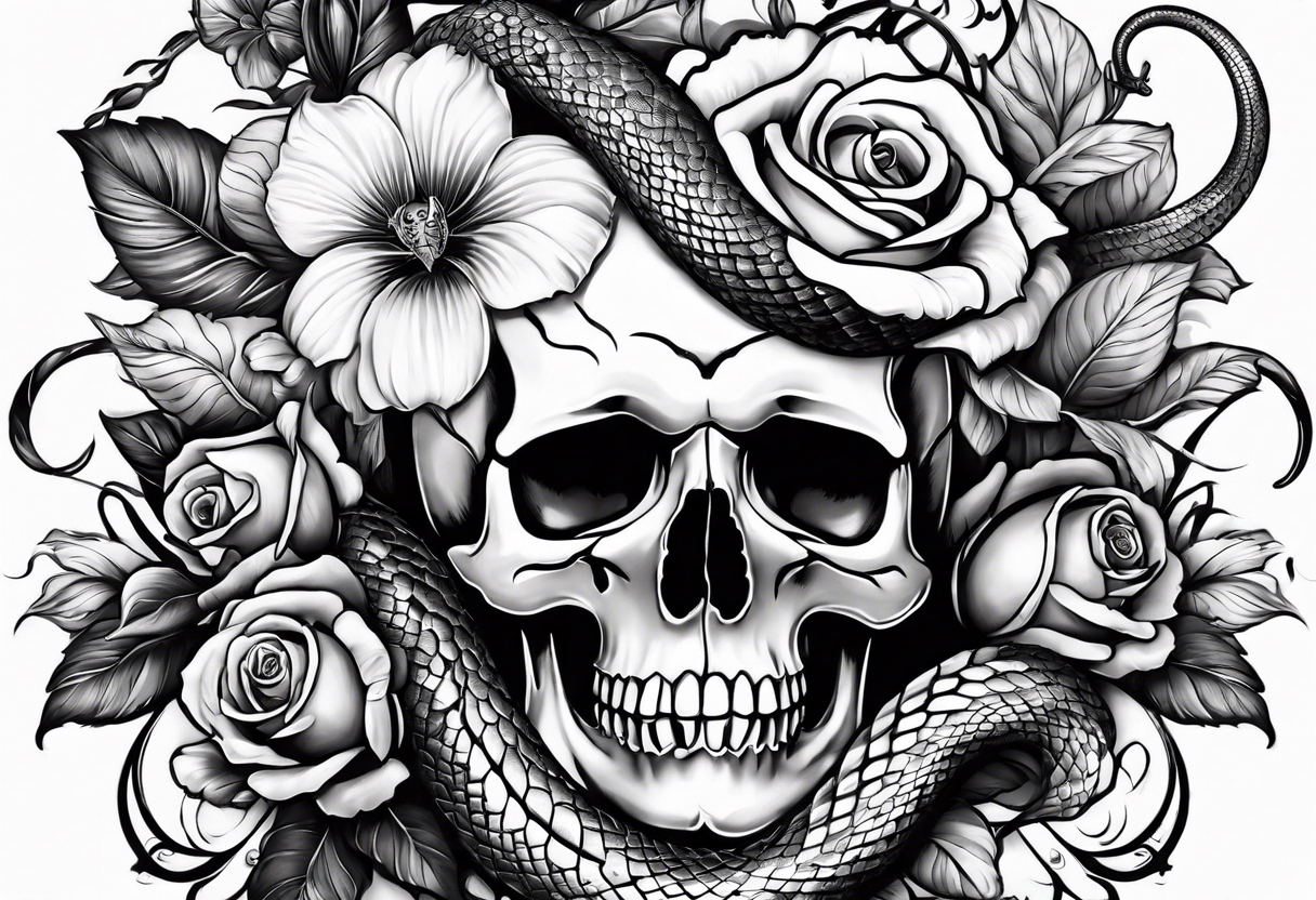 Floral arrangement with a snake and skull tattoo idea