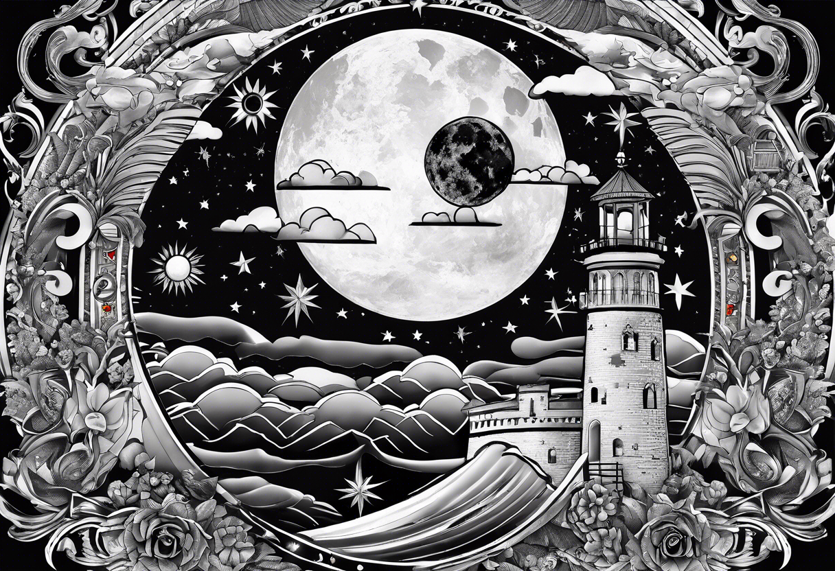 Collage for full left arm sleeve with:
a sun with a quarter moon, 
2 stars,
bass guitar, 
caduceus symbol tattoo idea