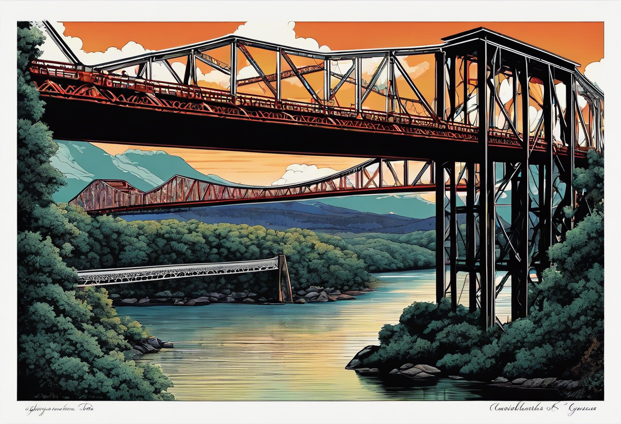 70's poster art, pop art, simple, view from under steel truss cantilever bridge tattoo idea