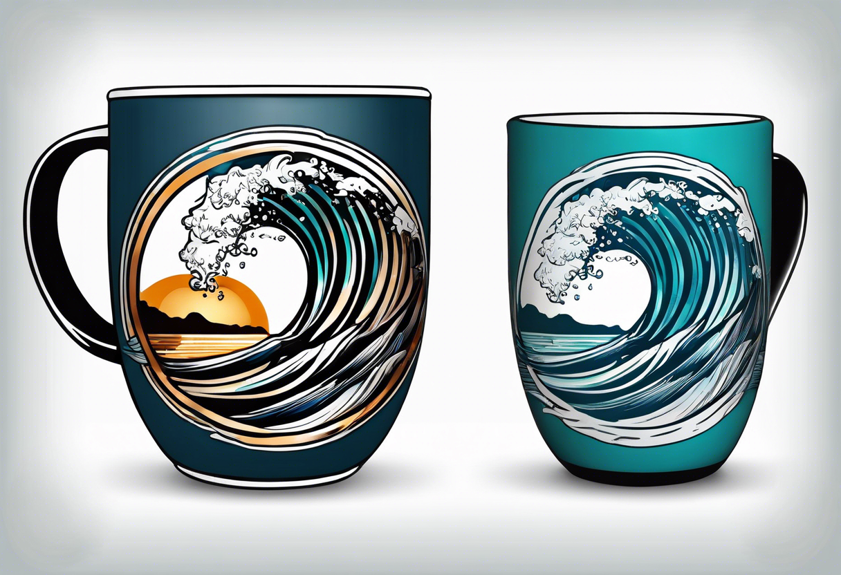 Circular design with coffee mug and ocean wave on mug tattoo idea