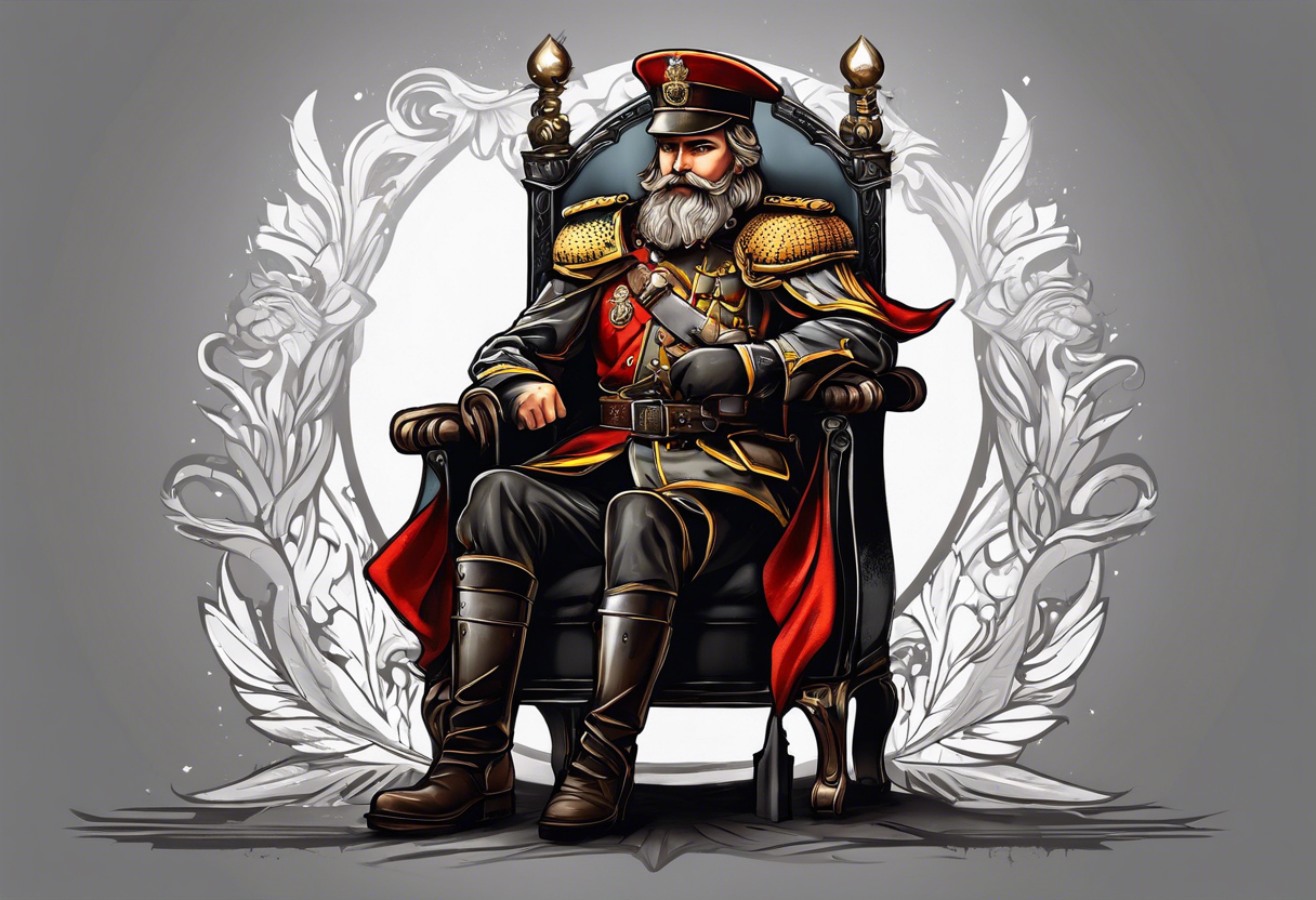 a german prince is dressed as a solider and sitting on a thronw with a sceptor in one hand and a knife in the other tattoo idea