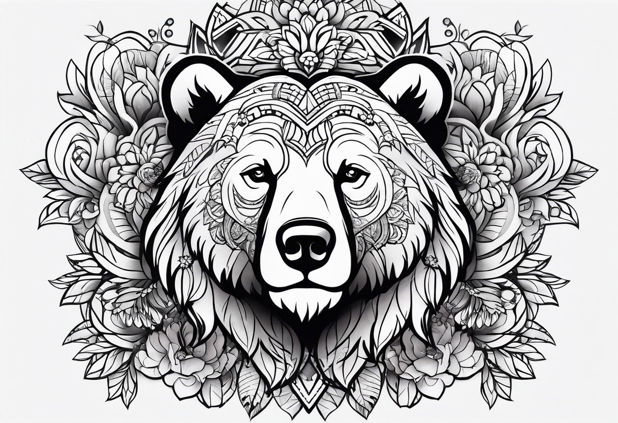 Tribal bear face with flower ear tattoo idea