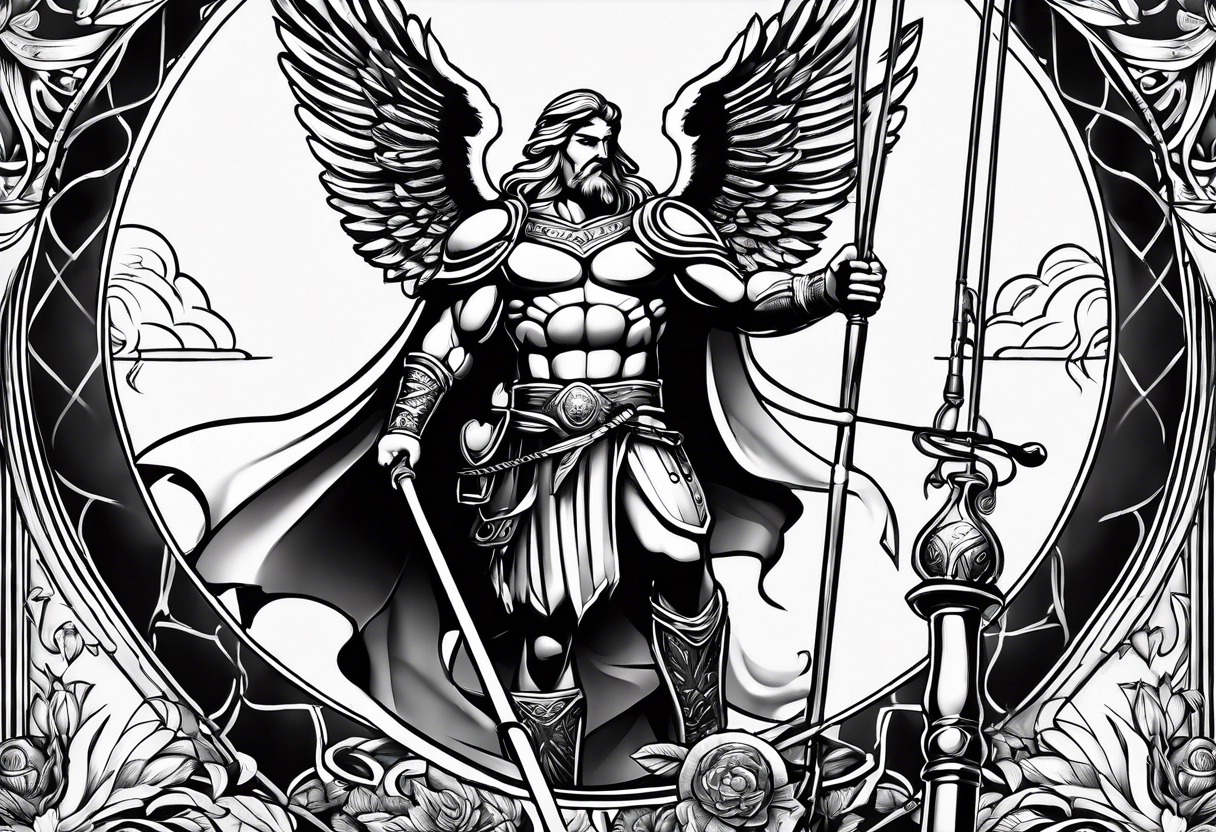 ares figure, angel, fishing rod tattoo idea