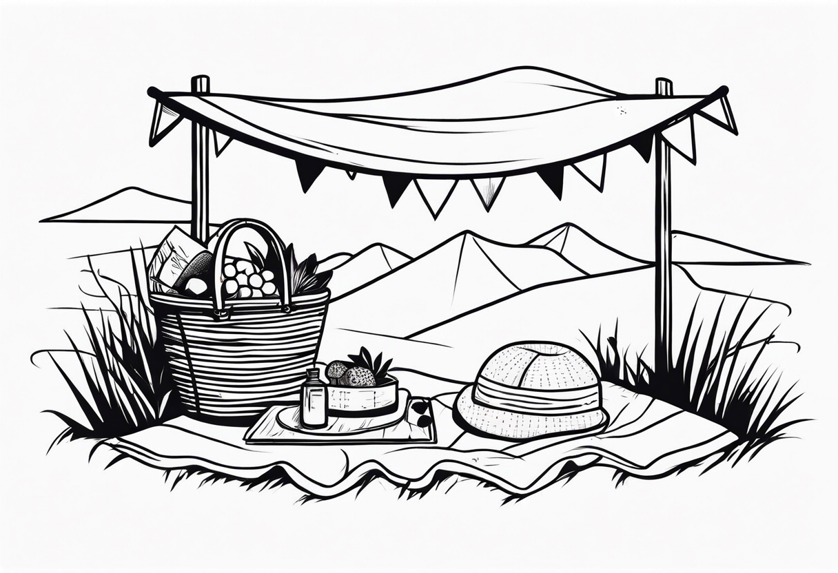 Very light and minimalstic picnic scene in nature. A blanket, picnic-basket with lid, pillows and pennants. Thin lines. tattoo idea