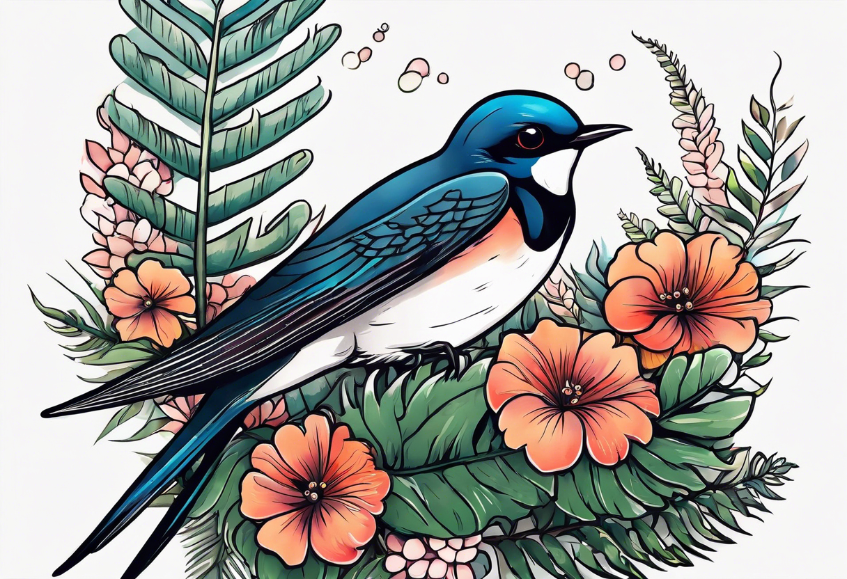 Swallow birds and floral background with ferns tattoo idea