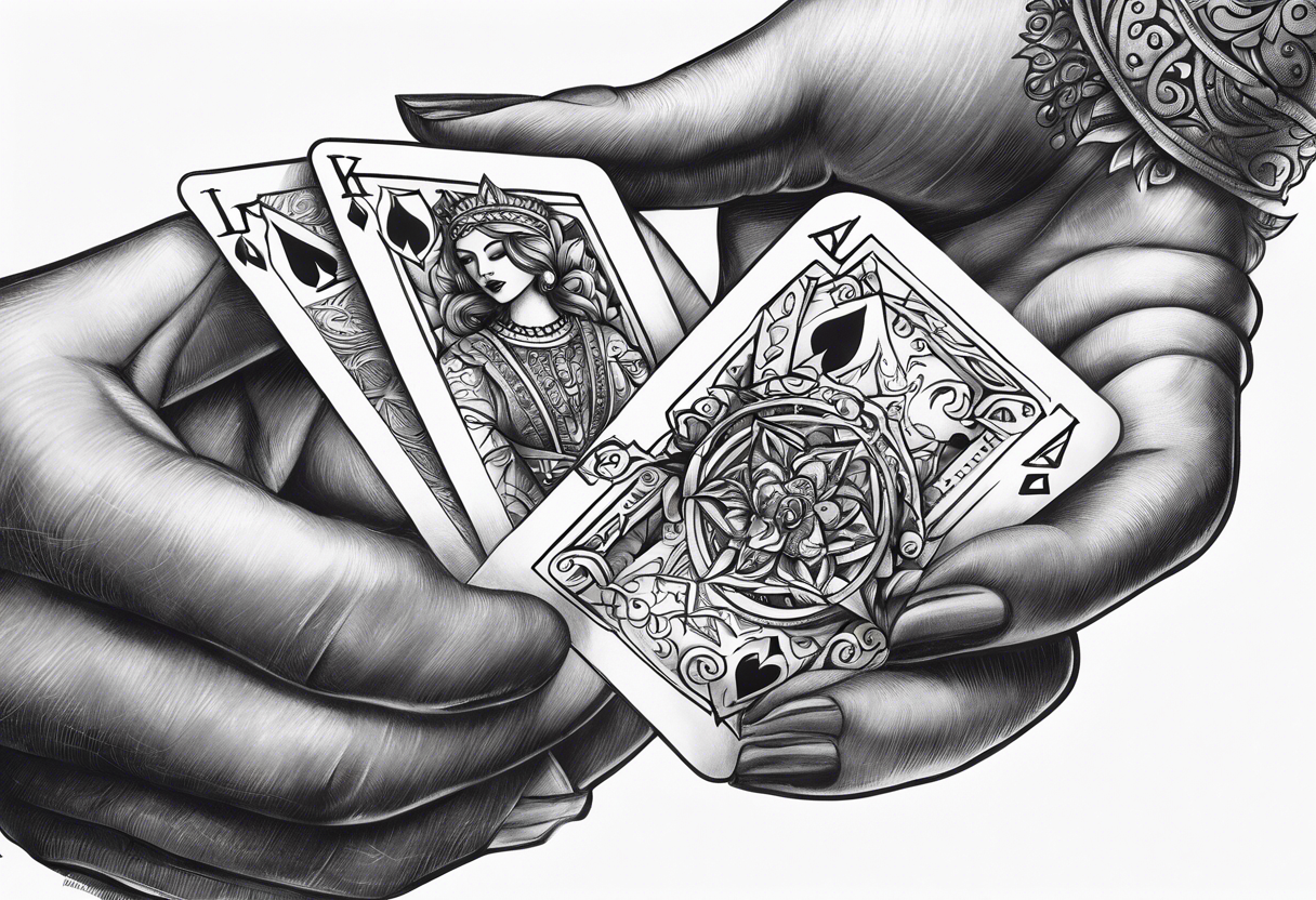 raised woman hand holding cards tattoo idea