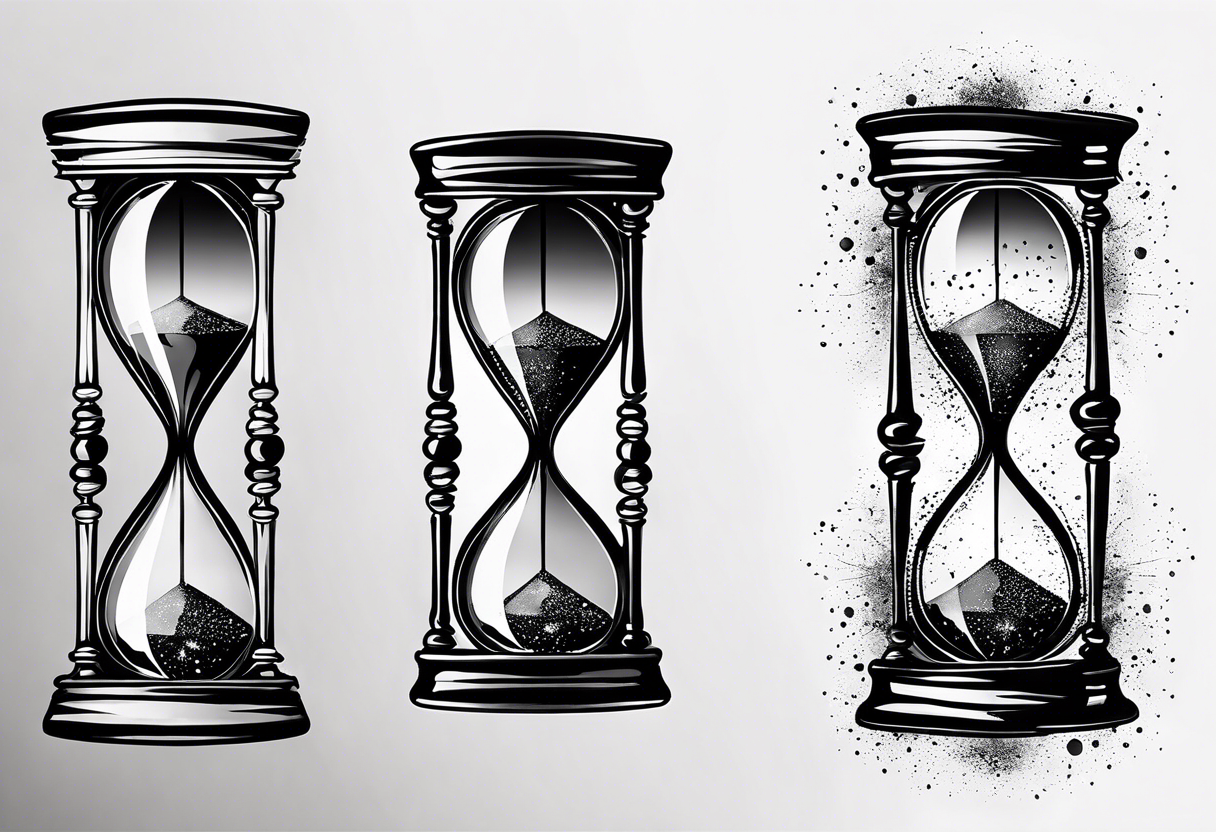 Hourglass, cosmic dust exploding from the top and bottom of the hourglass. Long tattoo to fit on the forearm, masculine, minimalist tattoo idea