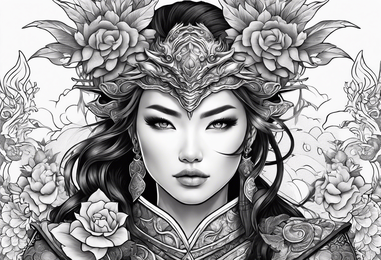 beautiful warrior woman wearing dragon armor and a floral background and a dragon a full picture tattoo idea