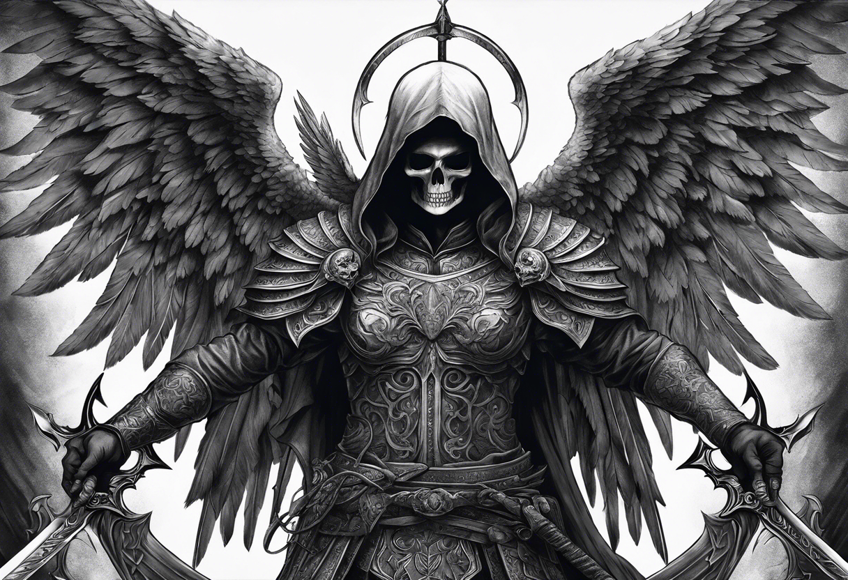 realistic full body of angel of death, no face, face is not visible, with wings holding only one sword in both hands, the edge of the sword is killing the skull tattoo idea