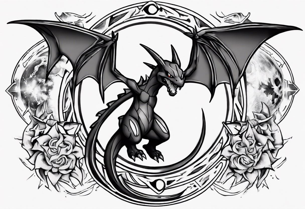 Charizard. Cross. Ahur. Sun. Moon tattoo idea