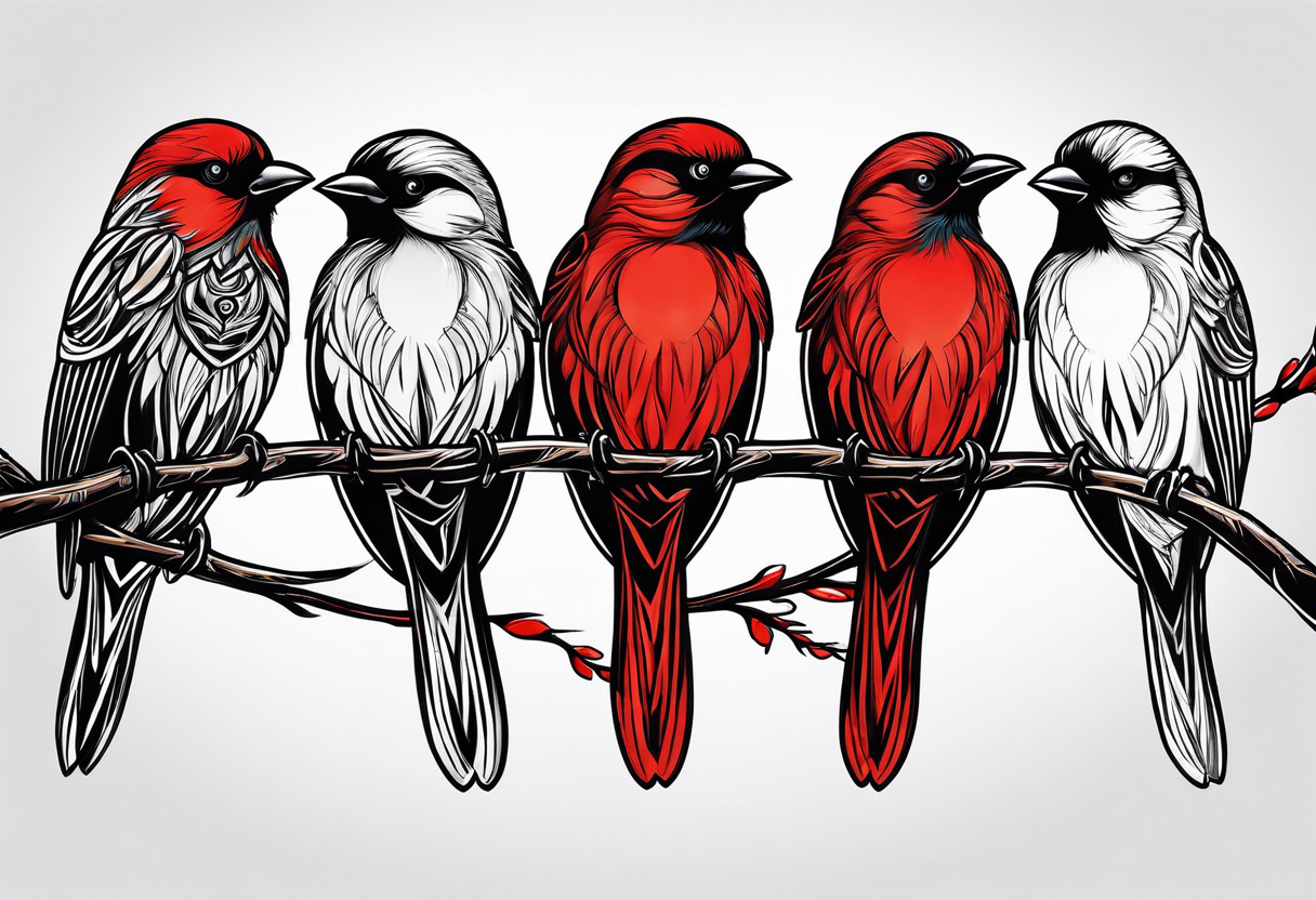 6 very small song birds flying near a red cardianl tattoo idea